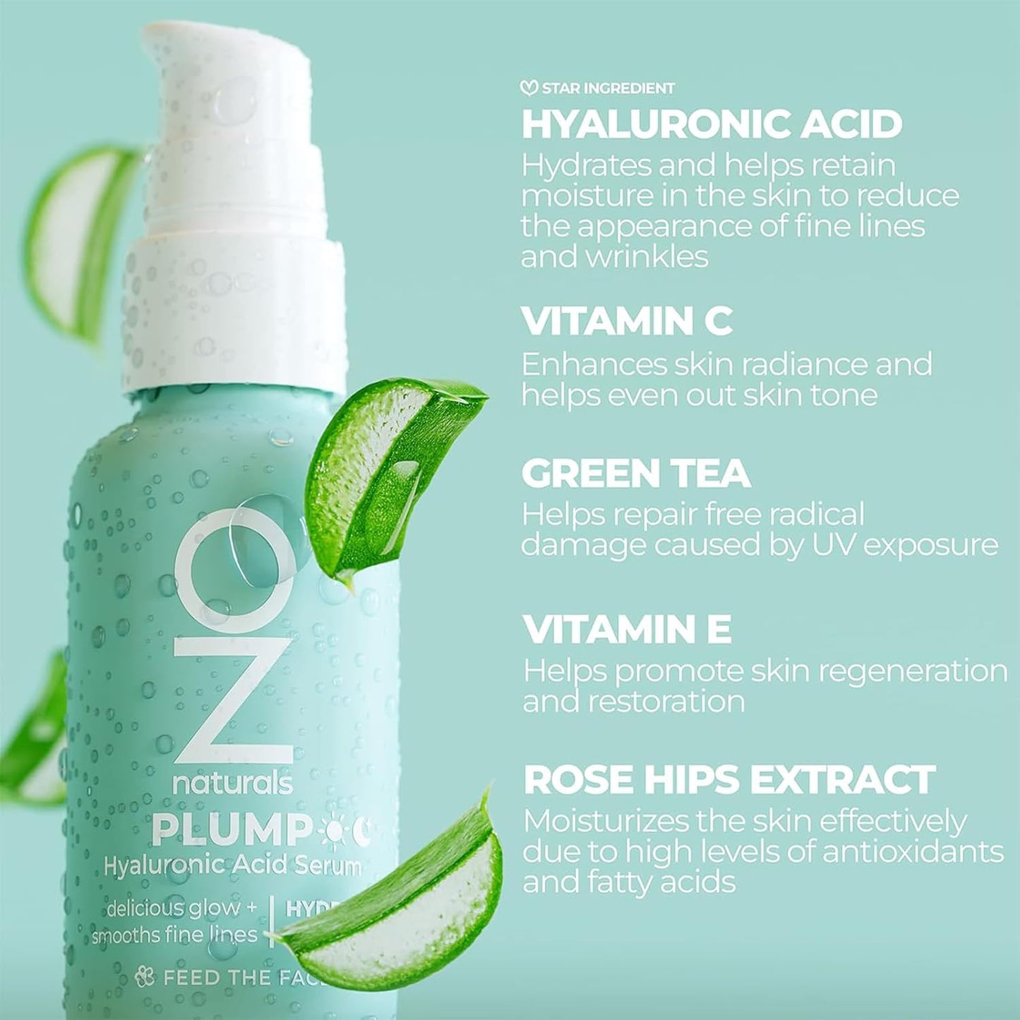 OZ Hyaluronic Serum Plumping Anti-Aging Serum for Fine Lines and Dehydrated Skin with Organic Aloe and Rosehip for Intense Hydration, Daily Freshness - 30ml